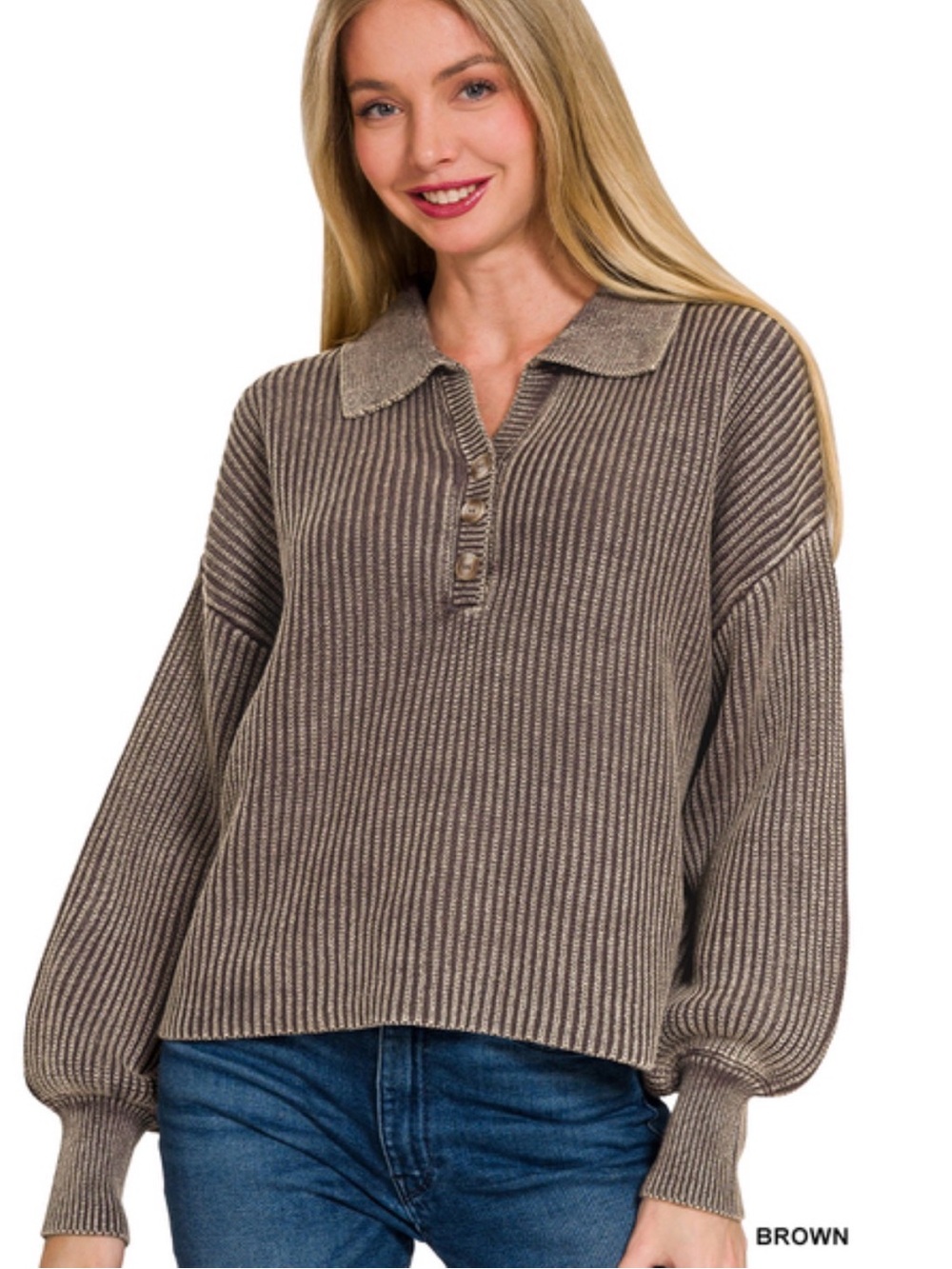 BROWN WASHED COLLARED HENLEY SHIRTS SWEATER